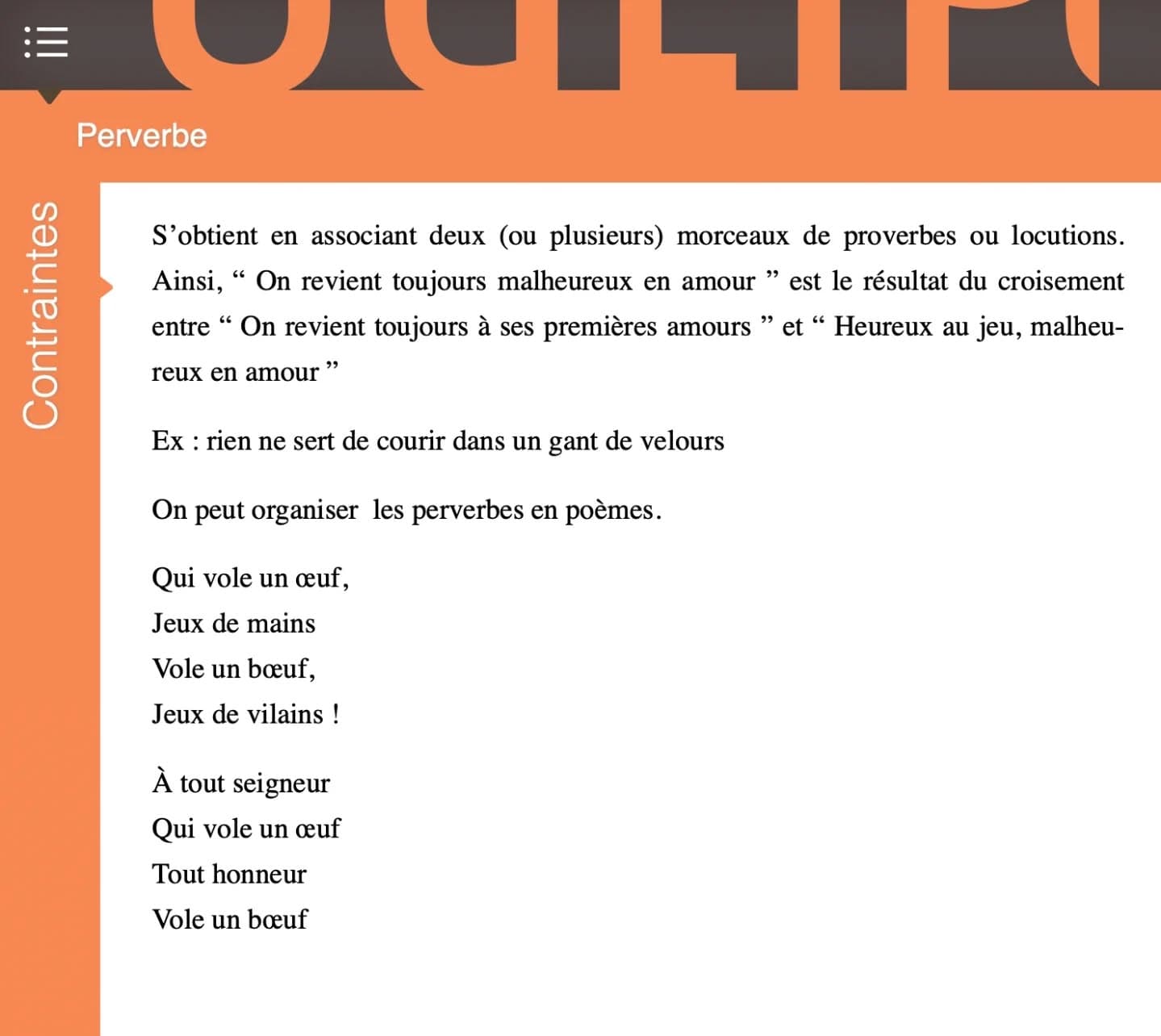Connaissez-vous les perverbes ? Une liste bien détaillée des contraintes oulipiennes sur le site officiel de l'Oulipo : www.oulipo.net #ouli…