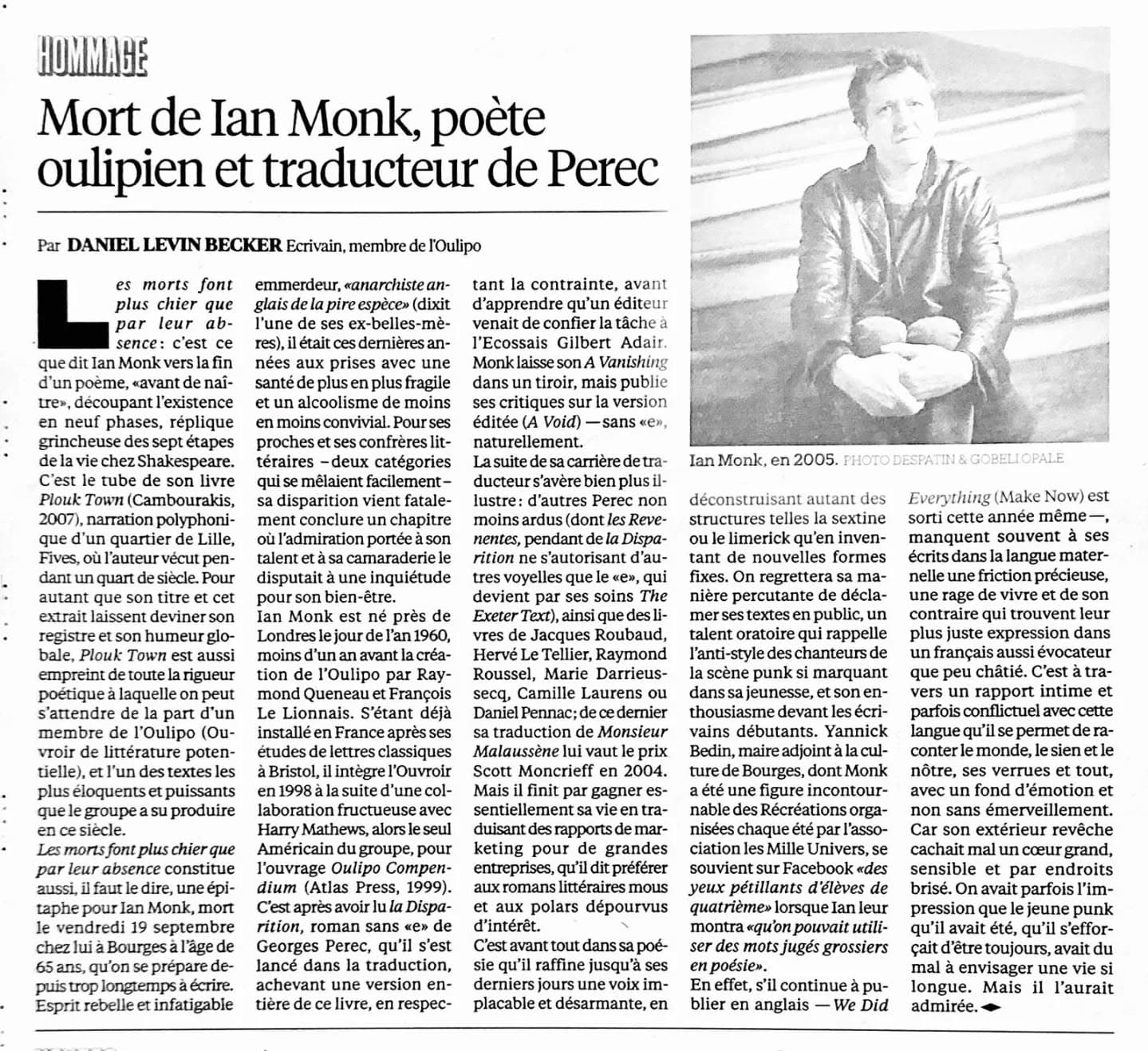Depuis les pages de Libération, Daniel Levin Becker rend hommage à Ian Monk.