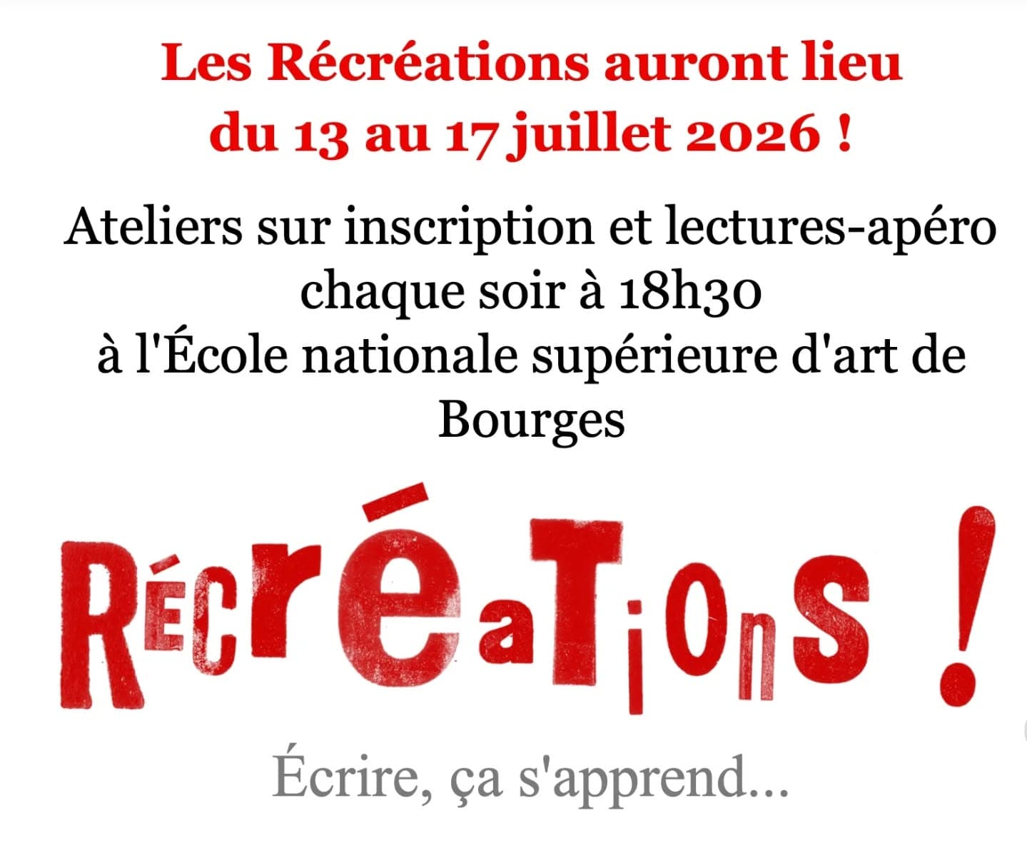 Nouvelle édition des Récréations de Bourges : une semaine d'ateliers d'écriture en compagnie d'auteurs oulipiens ! Cette année, les Récréations auront lieu du 13 au 17 juillet 2026. Pour vous inscrire, rendez-vous sur le site de Mille Univers : www.mille-univers.net Venir aux Récréations, c’est passer une semaine avec les écrivains de l’Oulipo et travailler avec eux, guidés par eux. Les Récréations accueillent des débutants et des confirmés. On peut y être jeune, très jeune, vieux, très vieux, voire sans âge, si l’on veut. Il suffit de vouloir écrire et de vouloir le faire avec plaisir, avec ardeur et avec des écrivains. Vous pouvez découvrir les livres de ces auteurs avant de venir…ou après… ou pas du tout, ceci est une autre histoire. Les inscriptions seront traitées par ordre chronologique de réception. Donc, si vous vous inscrivez en ligne, votre présence est assurée ! #oulipo #bourges #lesmilleunivers #ateliersdécriture #poésie