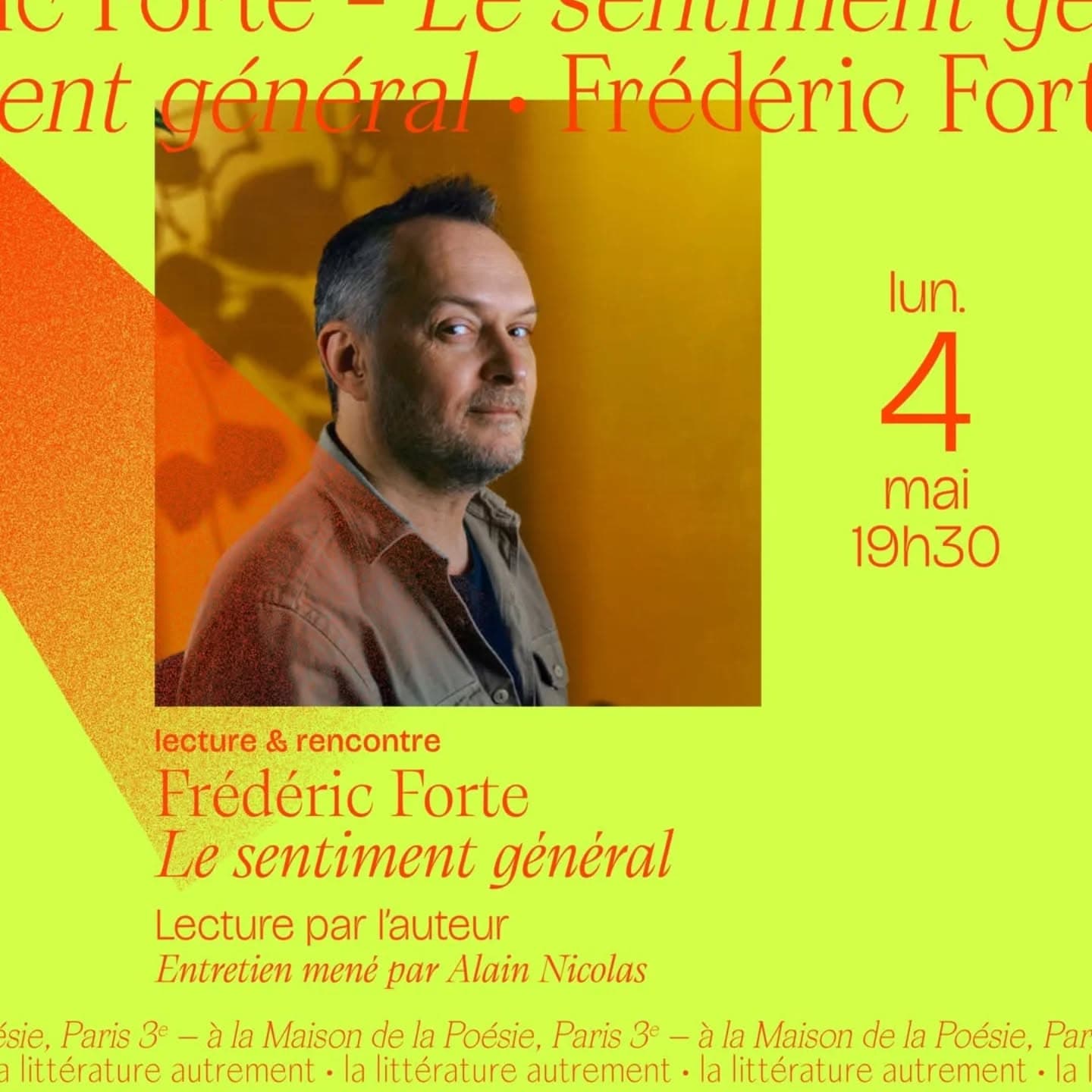 C'est lundi prochain ! Frédéric Forte et "Le sentiment général" (POL) à la Maison de la poésie de Paris #fredericforte #oulipo #maisondelapo…