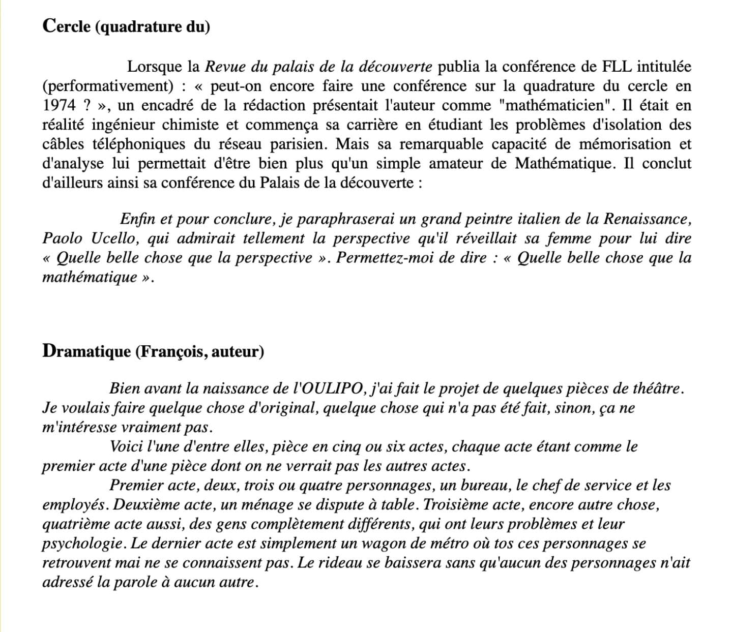 Extrait d'un portrait alphabétique du cofondateur de l'Oulipo, François Le Lionnais, signé par l'oulipien Paul Braffort (1923-2018) La versi…