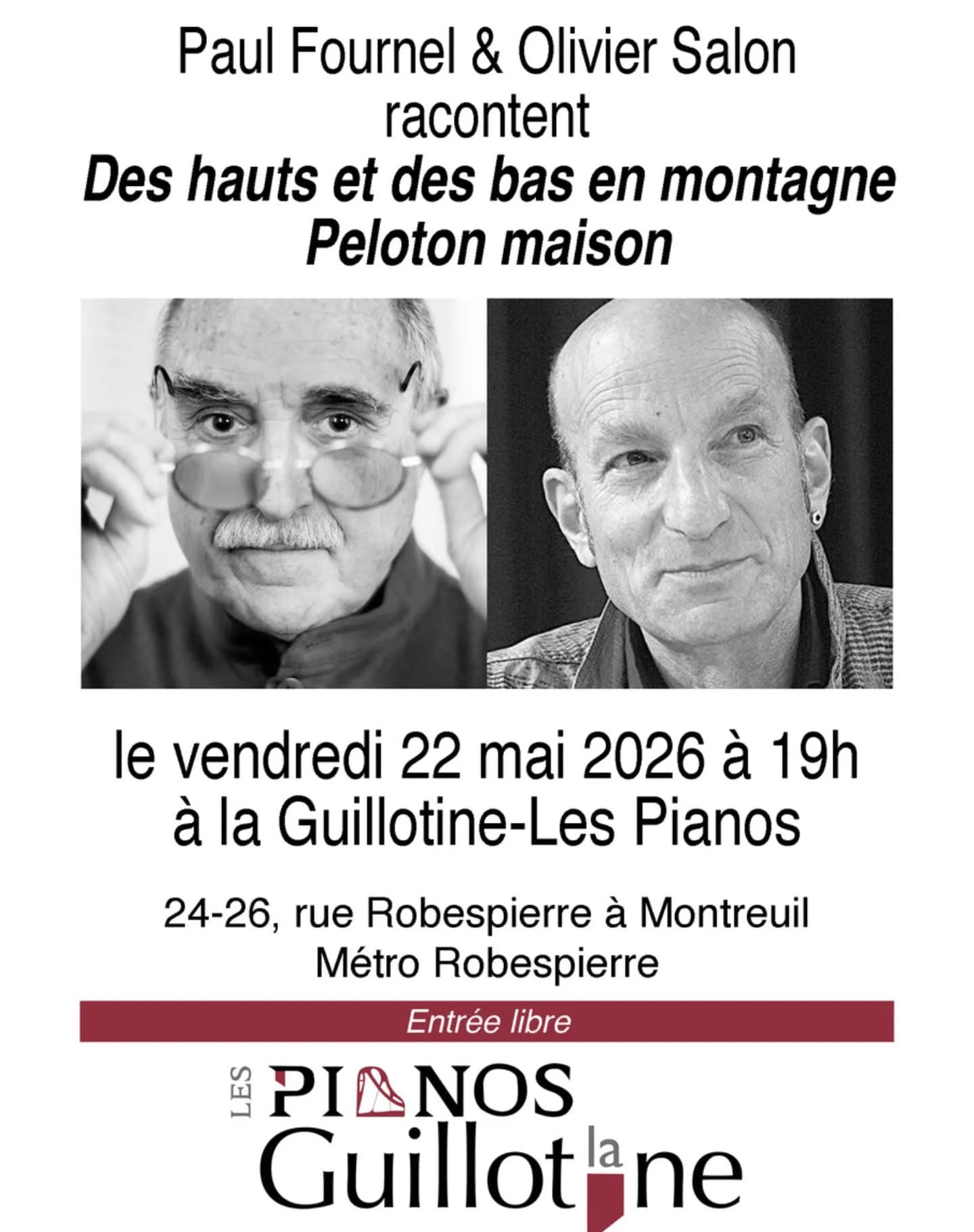 Demain vendredi ! Deux oulipiens à Montreuil. #oulipiens #paulfournel #oliviersalon #laguillotine