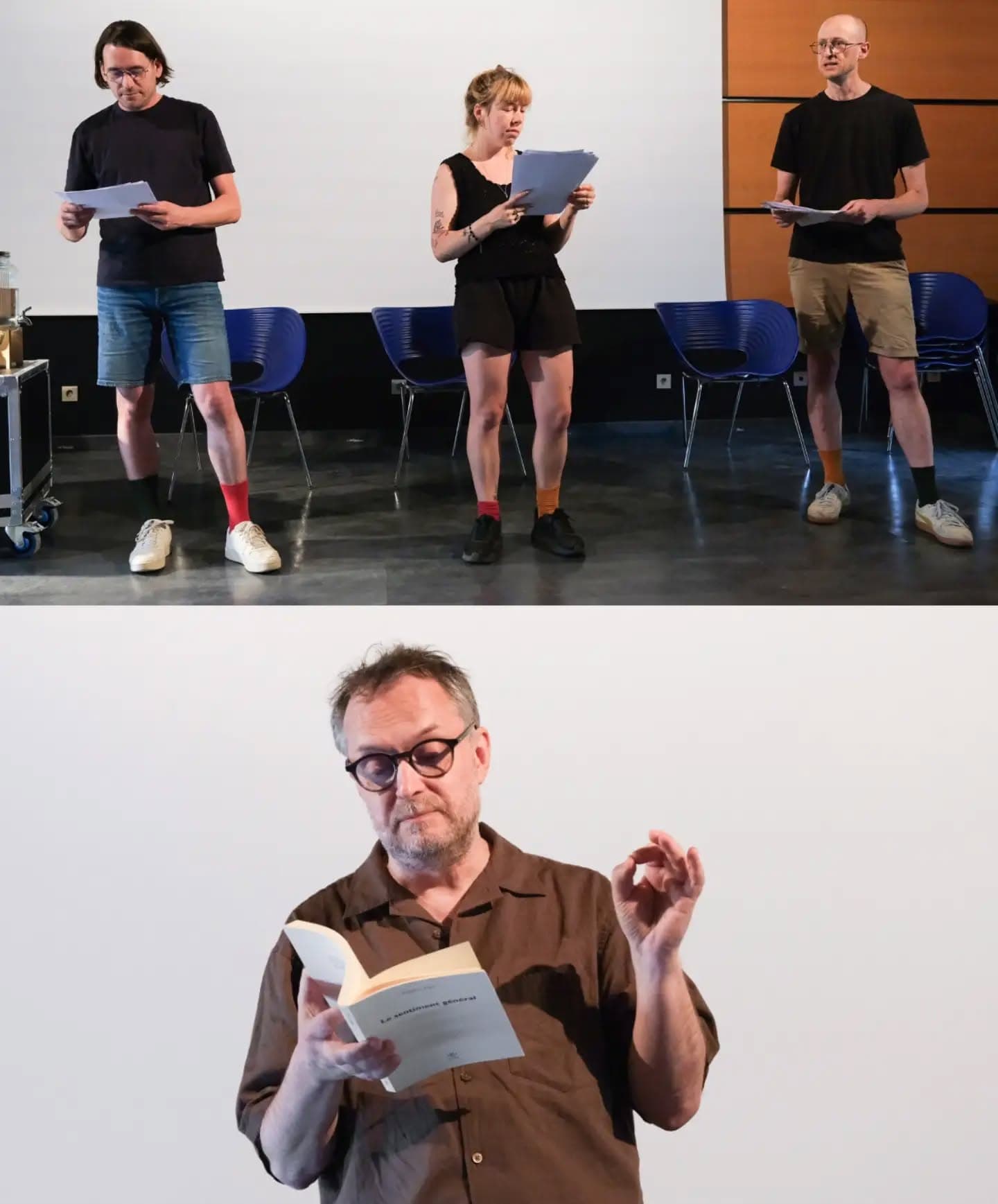 Une nouvelle édition des Récréations Oulipiennes s'est déroulée la semaine dernière à Bourges avec grand succès, toujours sous l'égide des Mille univers. Comme d'habitude, plusieurs ateliers d'écriture ont été proposés, mais aussi diverses lectures publiques et même un hommage à Ian Monk. Certaines lectures ont été assurées par les quatre oulipiens présents cette année (Eduardo Berti, Frédéric Forte, Jacques Jouet, Daniel Levin Becker), et jeudi soir, un événement spécial a réuni les trois derniers membres cooptés par le groupe : Louise Rose, Samuel Deshayes et Guillaume Marie. Crédit photographique : @brislioo